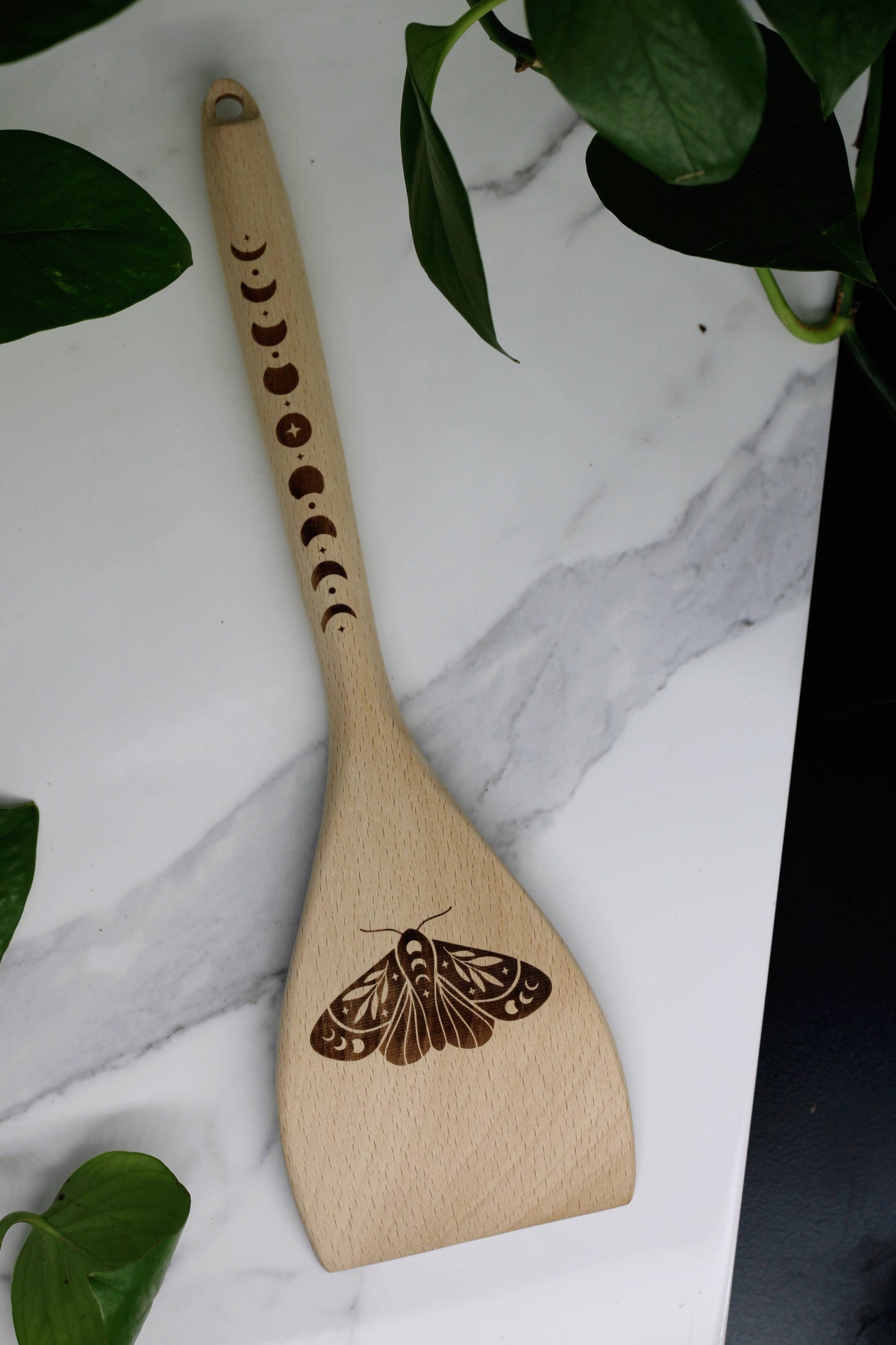 Moon Phase and Moth Engraved Wooden Spatula